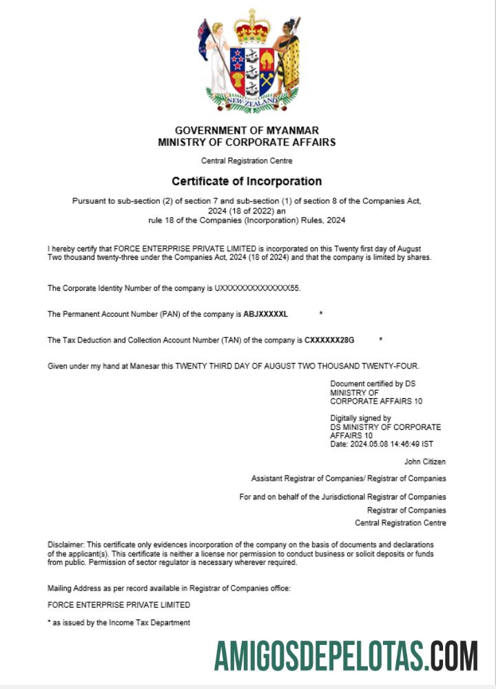 Certificado de registro comercial da Nova Zelândia para download, modelo Word e PDF